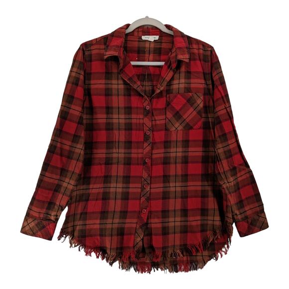 Beach Lunch Lounge Collection Plaid Shirt S Button Up Red Black Fringe Hem Layer - Picture 1 of 7